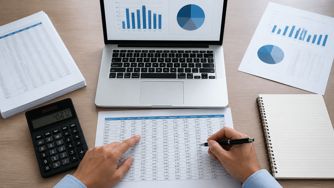 Planilha de análise de produtos com calculadora e notebook sobre a mesa