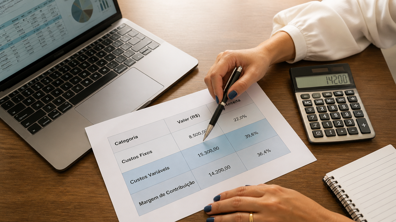 Planilha de custos fixos e variáveis sobre a mesa com calculadora ao lado