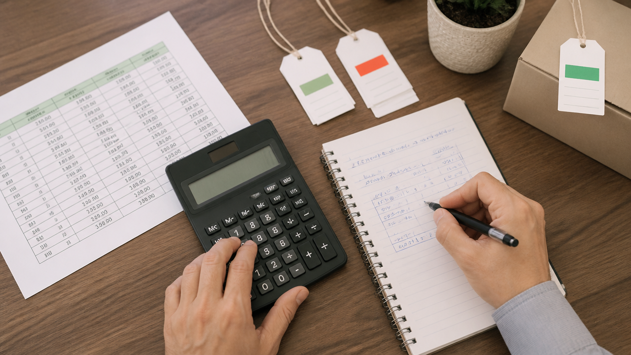 Planilha de precificação com custo, markup e margem sendo analisada por um lojista