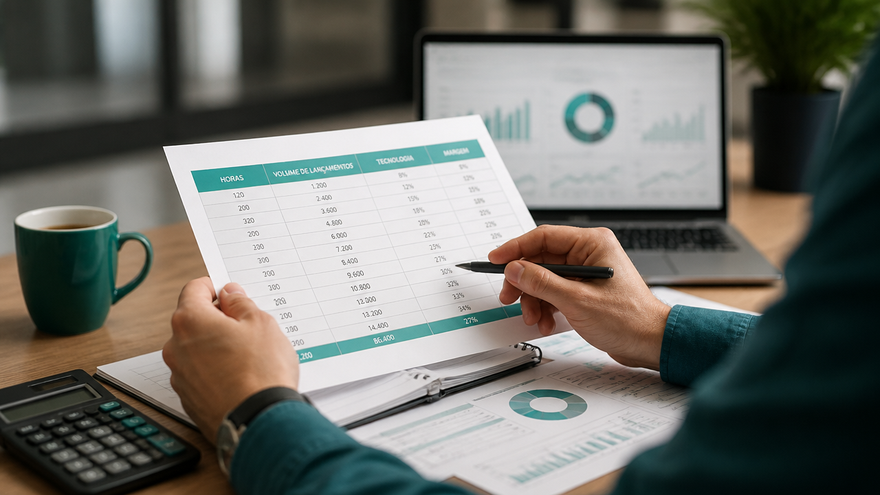 Planilha de precificação de BPO financeiro com horas, volume e margem sobre mesa de escritório