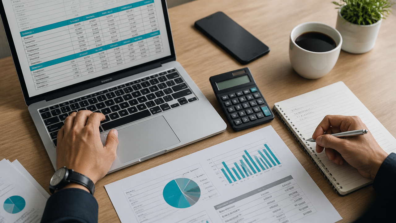 Planilha de precificação de serviços financeiros sendo montada sobre uma mesa de trabalho
