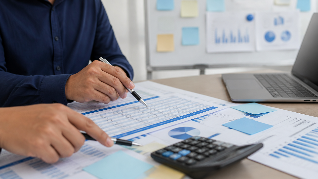 Planilha financeira com receitas, custos e lucro sendo analisada por um gestor