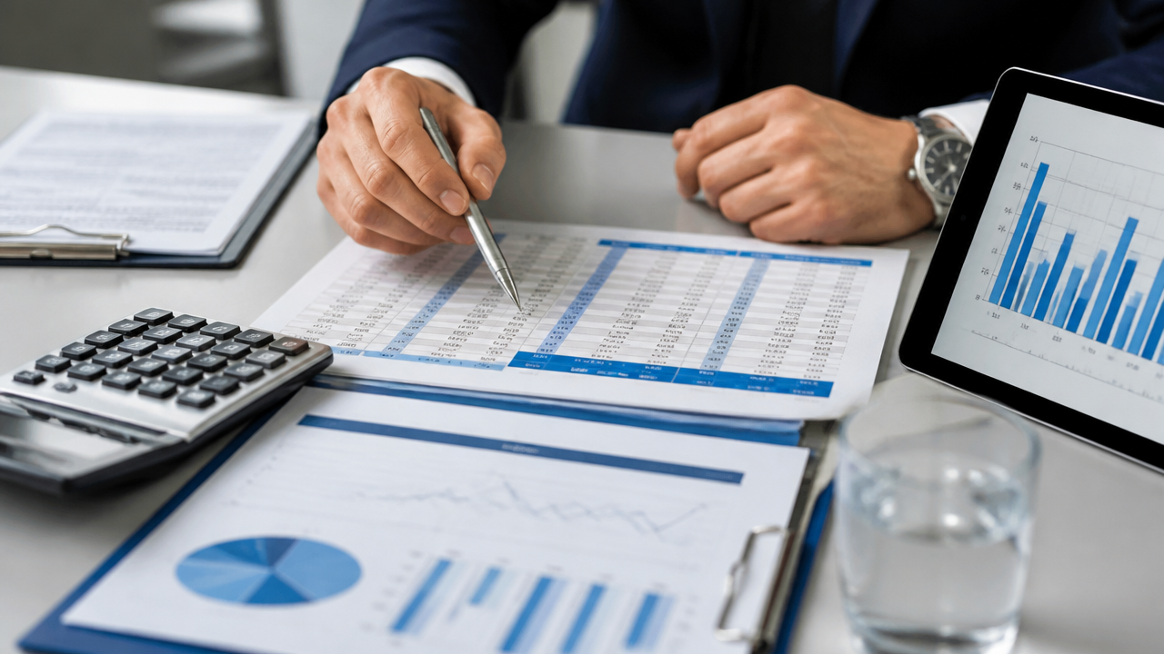 Planilhas de fluxo de caixa, calculadora e gráficos usados no planejamento tributário da empresa.