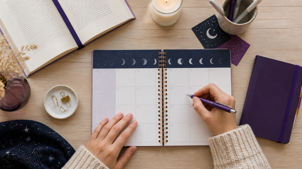 Planner de estudos com fases da lua desenhadas ao lado de livros e anotações