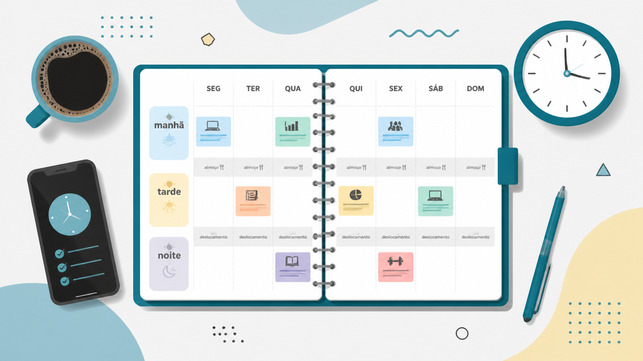 Planner de viagem com blocos de manhã, tarde e noite organizados de forma realista