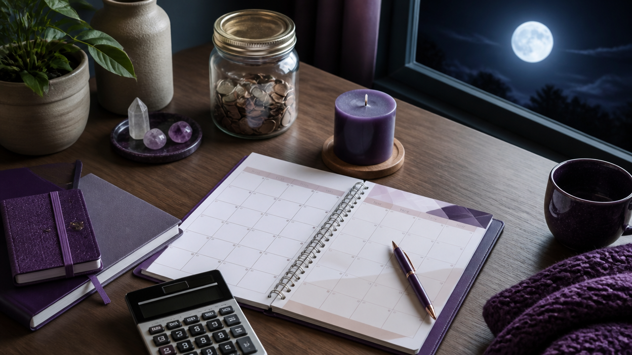 Planner financeiro, moedas e luz da lua cheia representando organização prática com intenção espiritual.