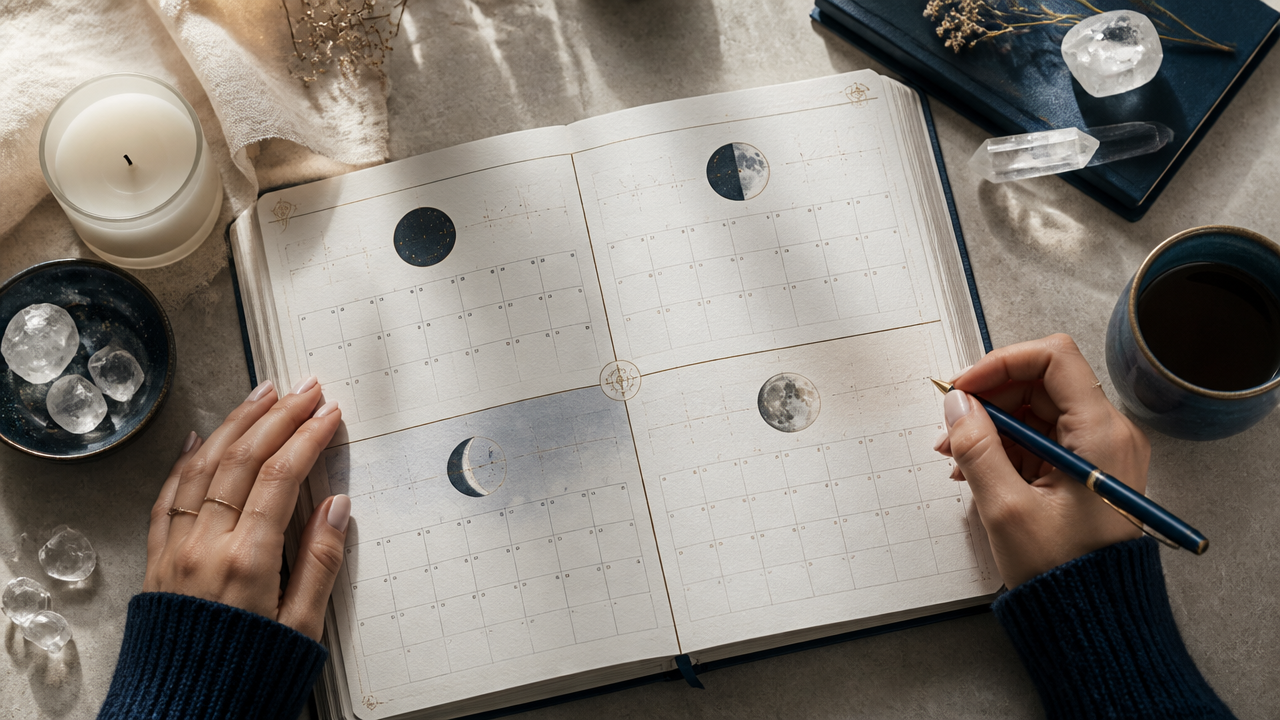 Planner mensal dividido por fases da lua com diário, caneta e cristais sobre a mesa