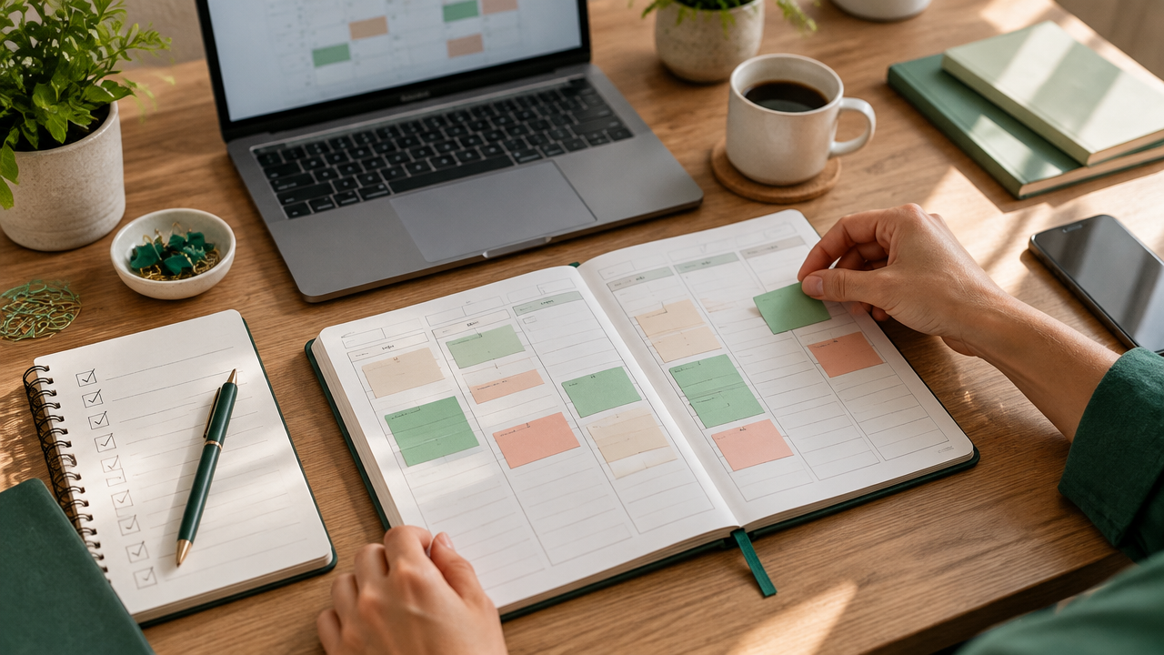 Planner semanal com blocos de prospecção, reuniões e acompanhamento comercial