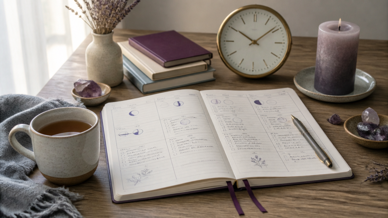 Planner semanal com fases da lua e objetos de prática espiritual sobre a mesa