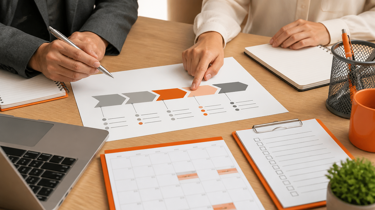 Plano de ação de mentoria com etapas, calendário e checklist sobre uma mesa organizada