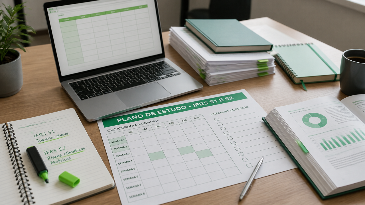 Plano de estudo com checklist, laptop e documentos organizados sobre uma mesa de trabalho.