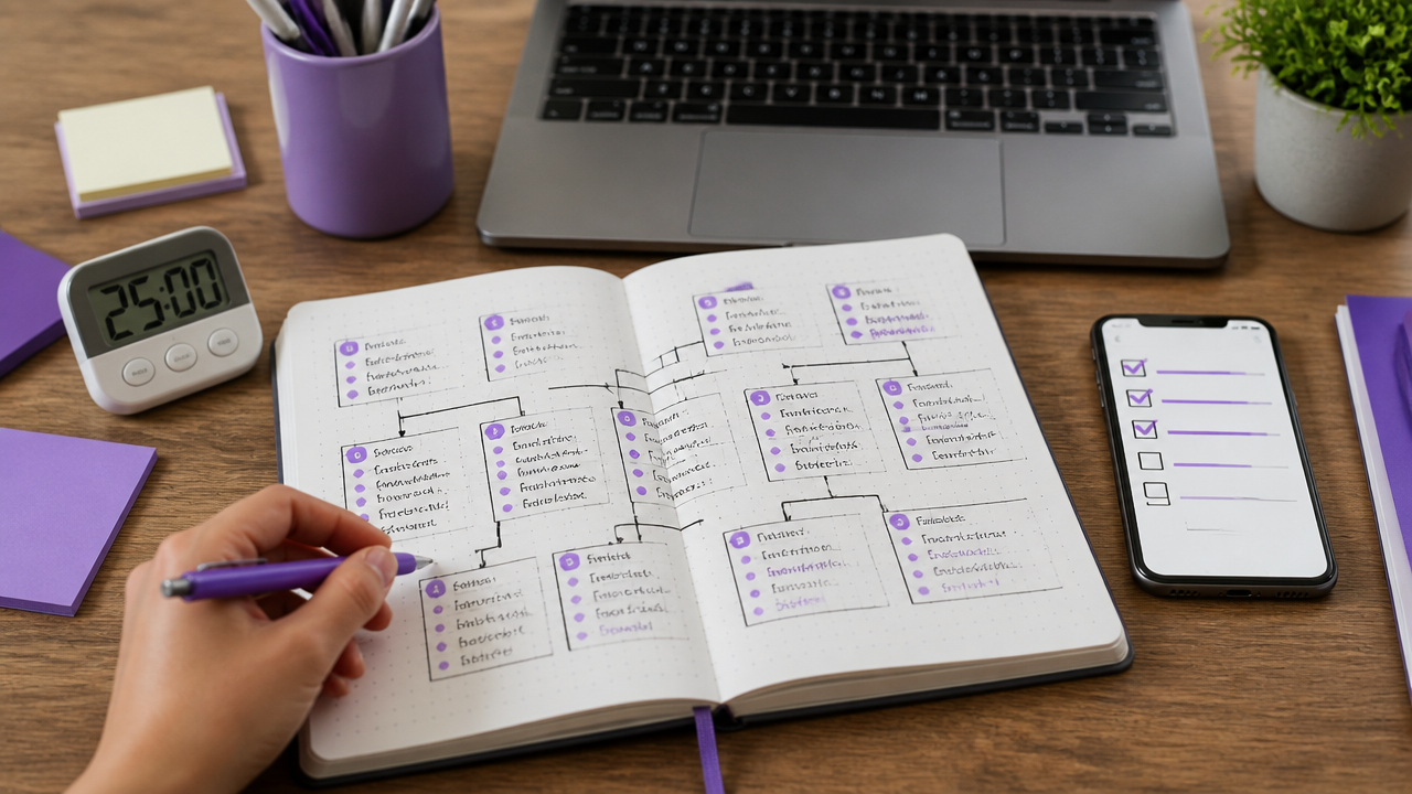 Plano de estudos dividido em blocos curtos com caderno, celular e cronômetro sobre a mesa.