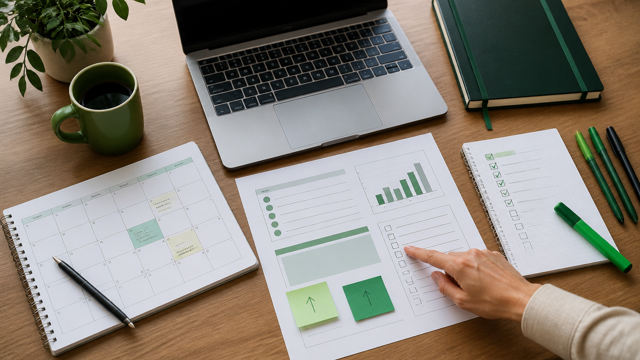 Plano de mentoria com metas, calendário e próximas ações sobre uma mesa organizada