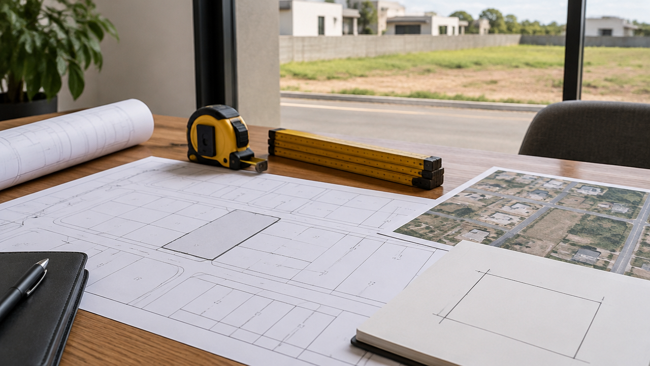 Planta de lote e instrumentos de medição usados para conferir a frente do terreno