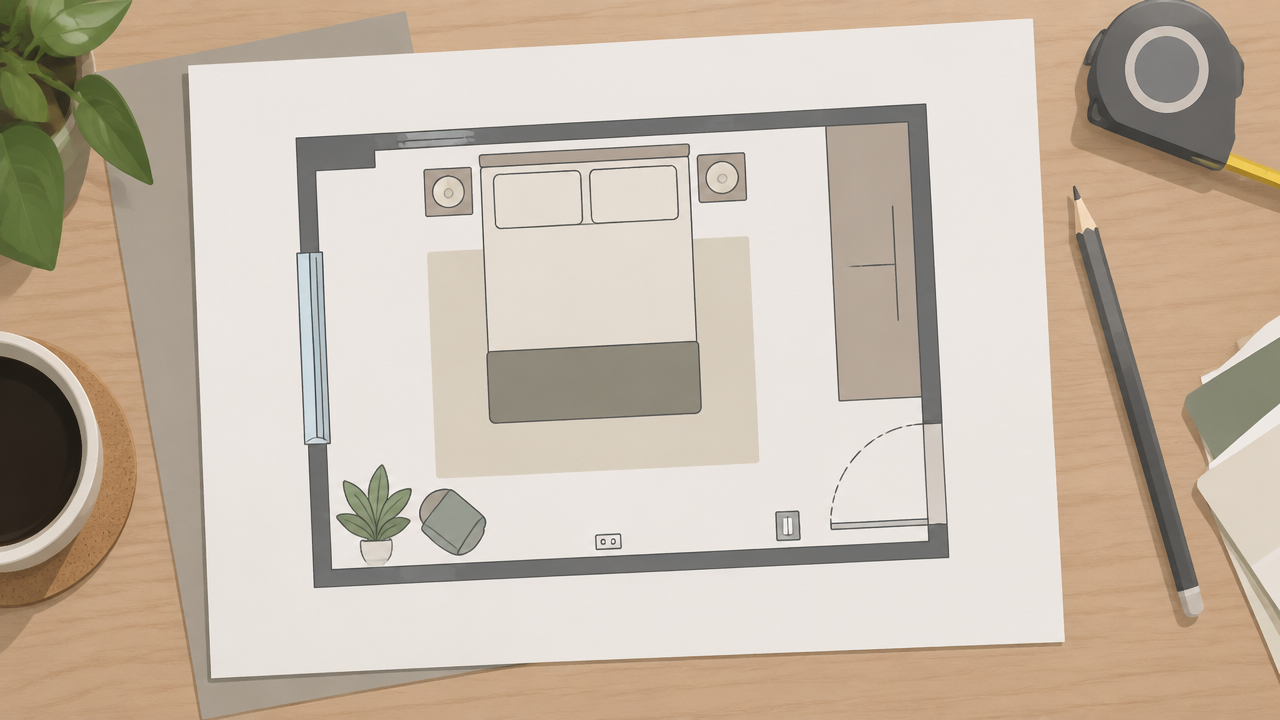 Planta esquemática de quarto com cama, guarda-roupa, porta, janela, lápis e fita métrica