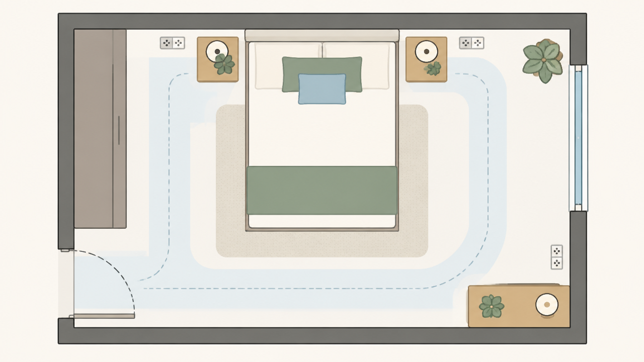 Planta ilustrada de quarto com cama, armário, porta, janela, tomadas e circulação livre