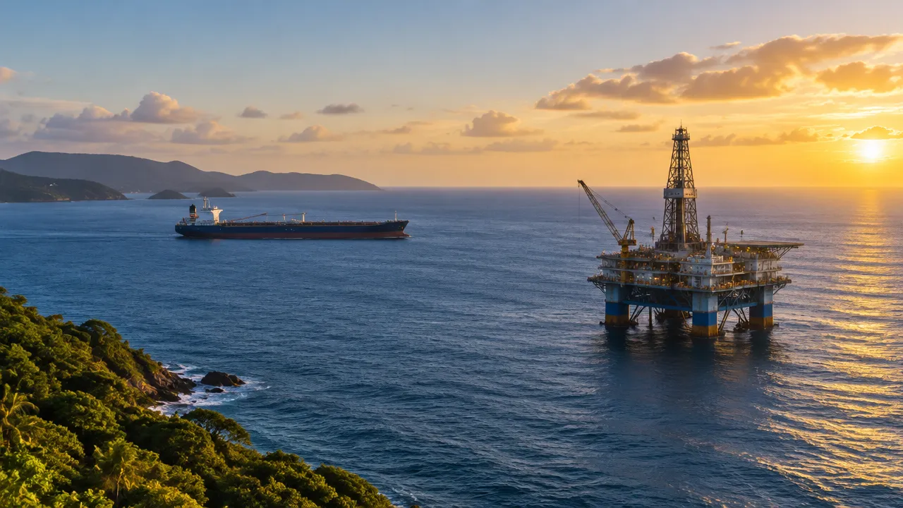 Plataforma offshore e navio petroleiro diante de uma costa sul-americana, representando novos polos de produção e exportação