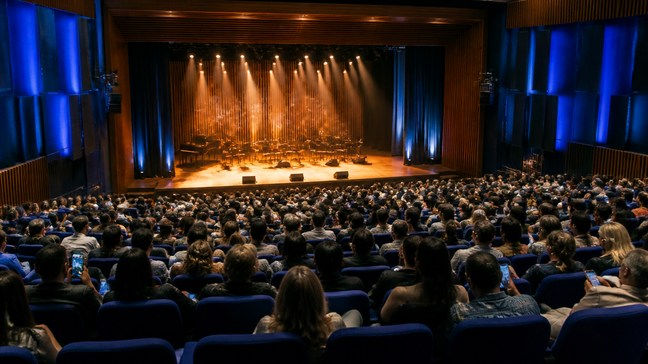 Plateia de teatro com boa ocupação durante um evento cultural, com público entrando e ambiente profissional