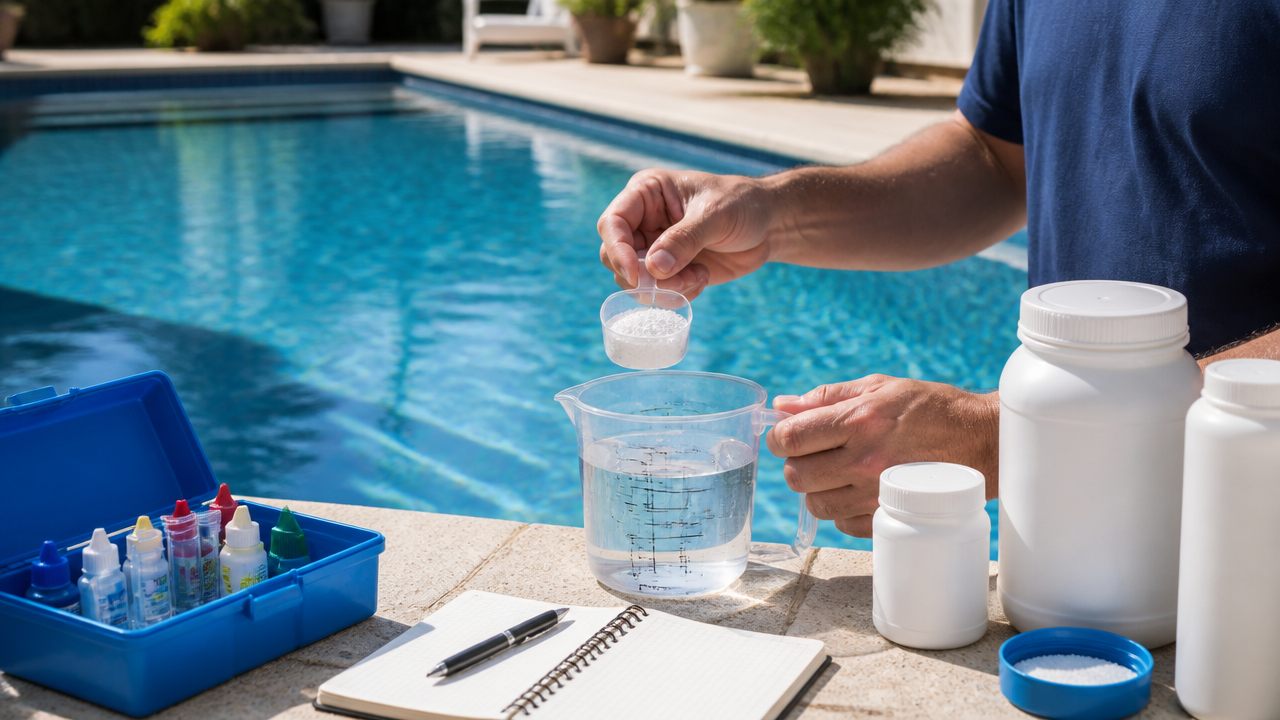 Pool owner carefully measuring pool chemicals beside a clean backyard swimming pool