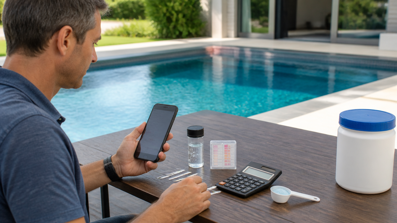 Pool owner using a smartphone, test kit, and measuring tools to calculate pool chemical dose