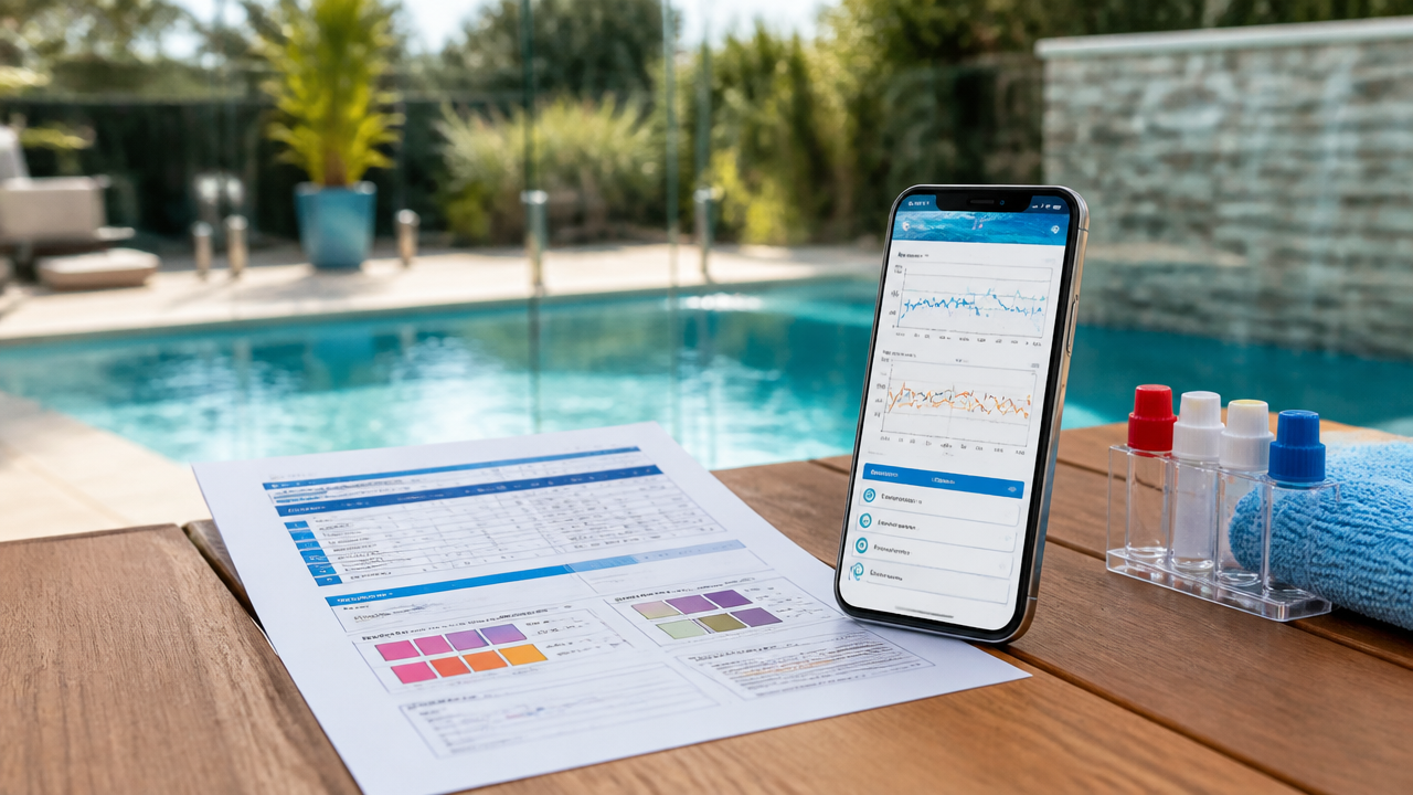 Pool test results and smartphone used to track pool water balance trends