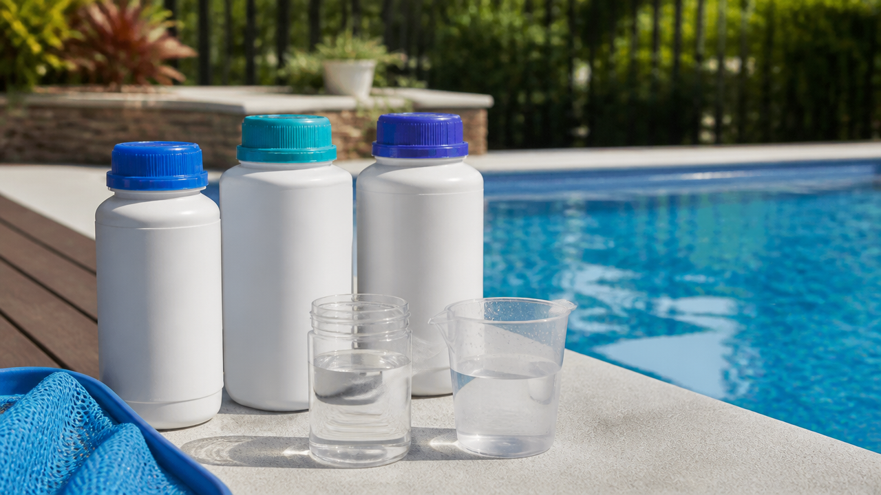 Pool treatment bottles and measuring cup beside a residential pool