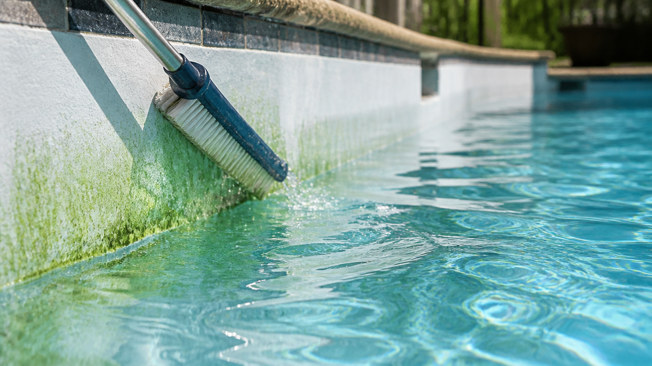 Pool wall being brushed to remove algae buildup from the surface