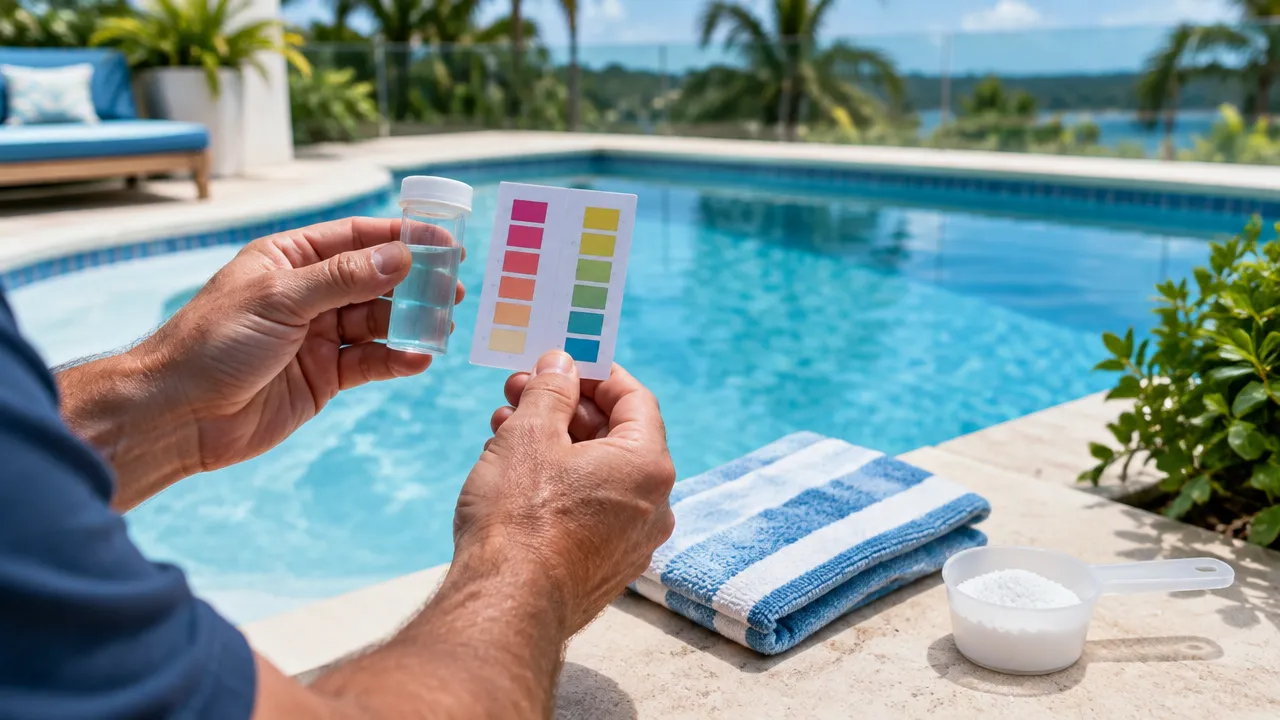 Pool water sample and measured chlorine granules ready for careful testing