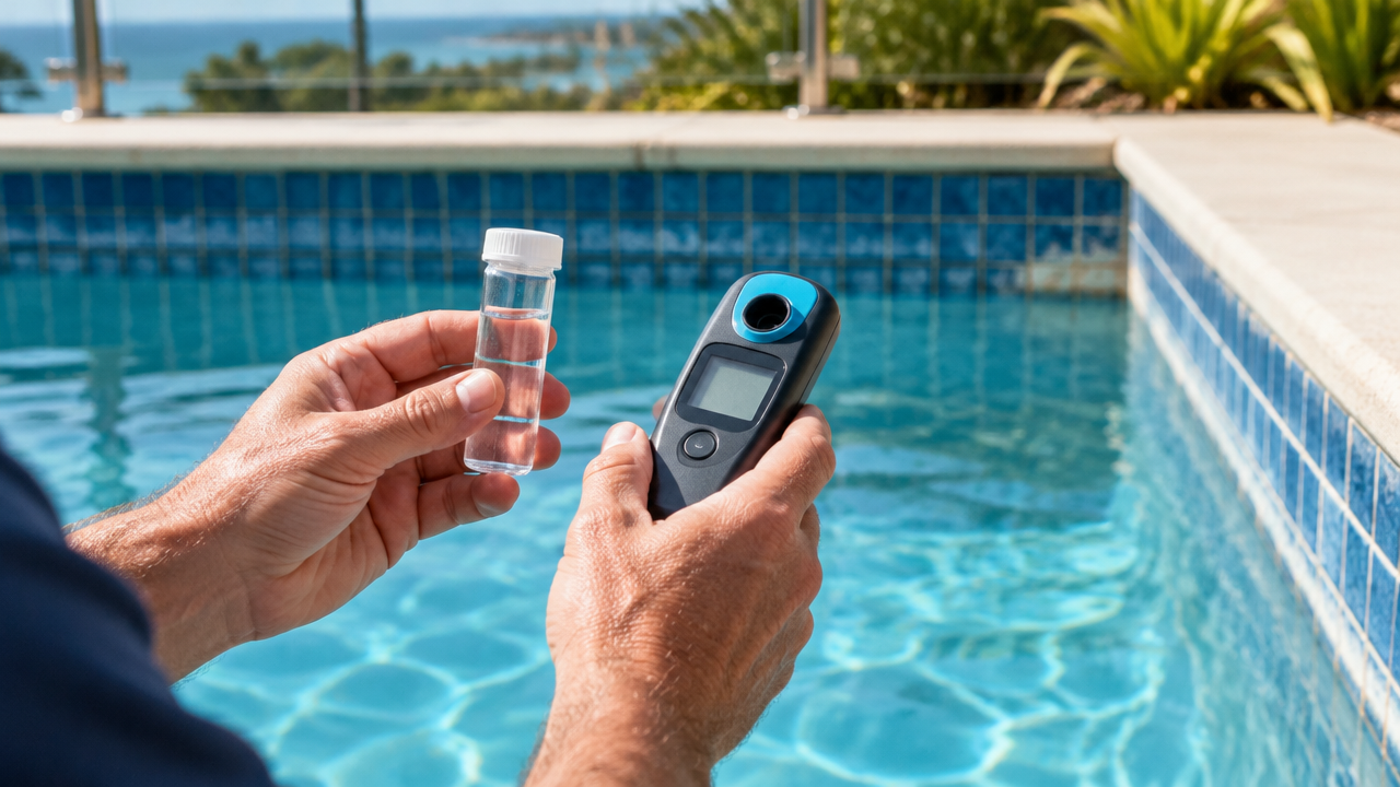 Pool water sample being checked beside a tiled swimming pool with slight mineral scale