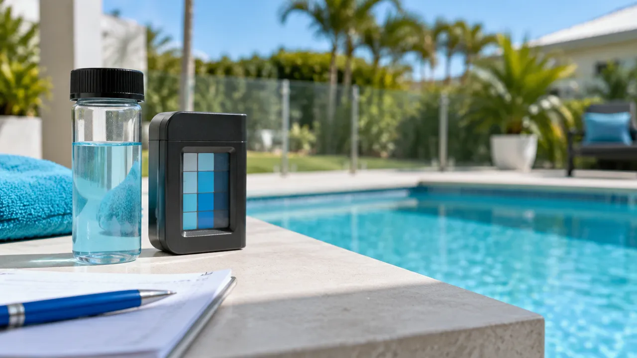 Pool water testing equipment beside a backyard pool, illustrating checks for chlorine, pH and stabiliser