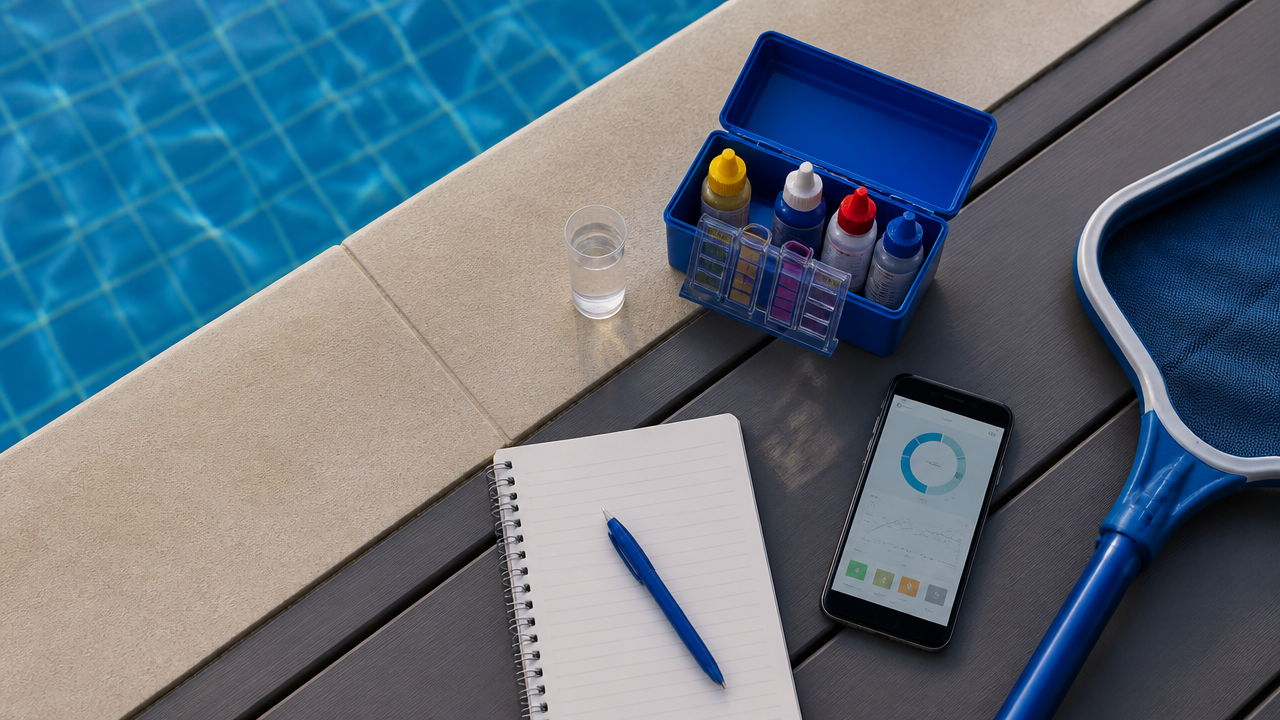 Pool water testing kit and maintenance checklist beside a backyard swimming pool