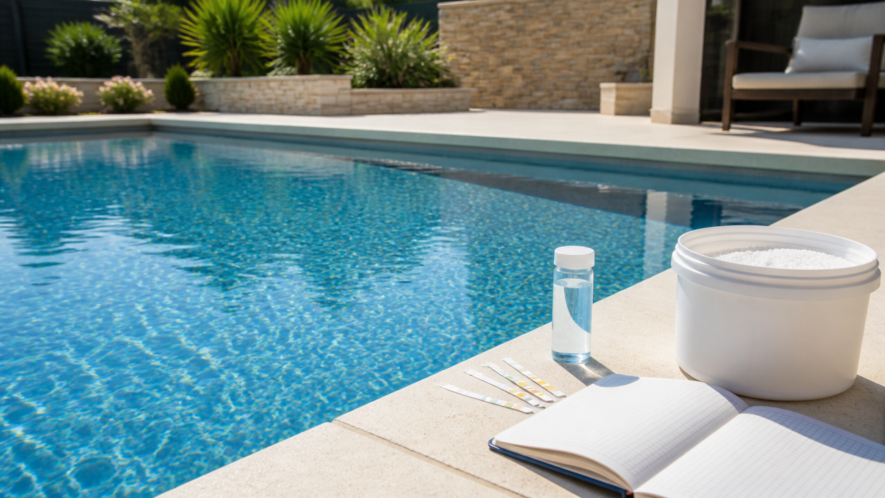 Pool water testing setup beside a clear backyard swimming pool in daylight