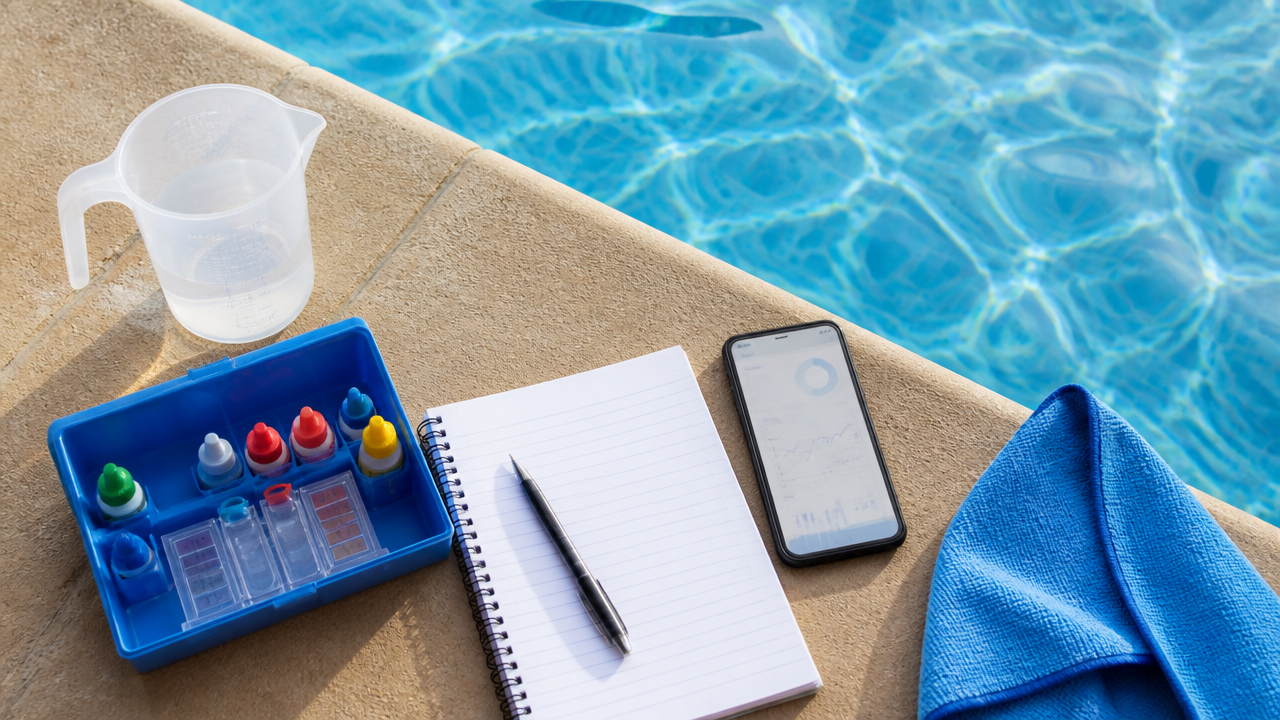 Pool water testing tools and maintenance notes beside a clear backyard pool