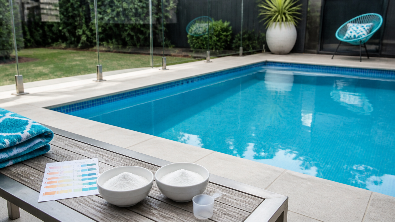 Poolside comparison of two white pool chemicals beside a water test sheet at a backyard pool