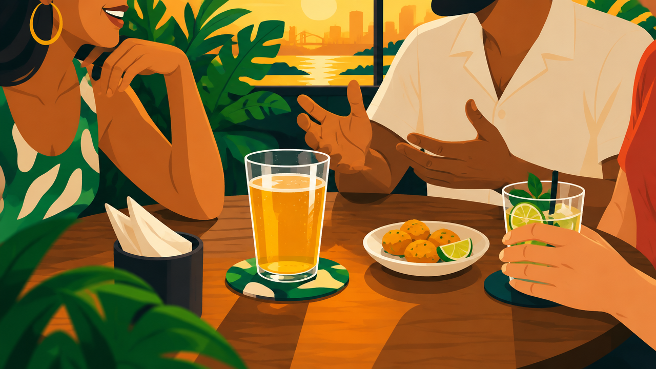 Porta-copos em destaque sobre uma mesa de café enquanto clientes conversam.