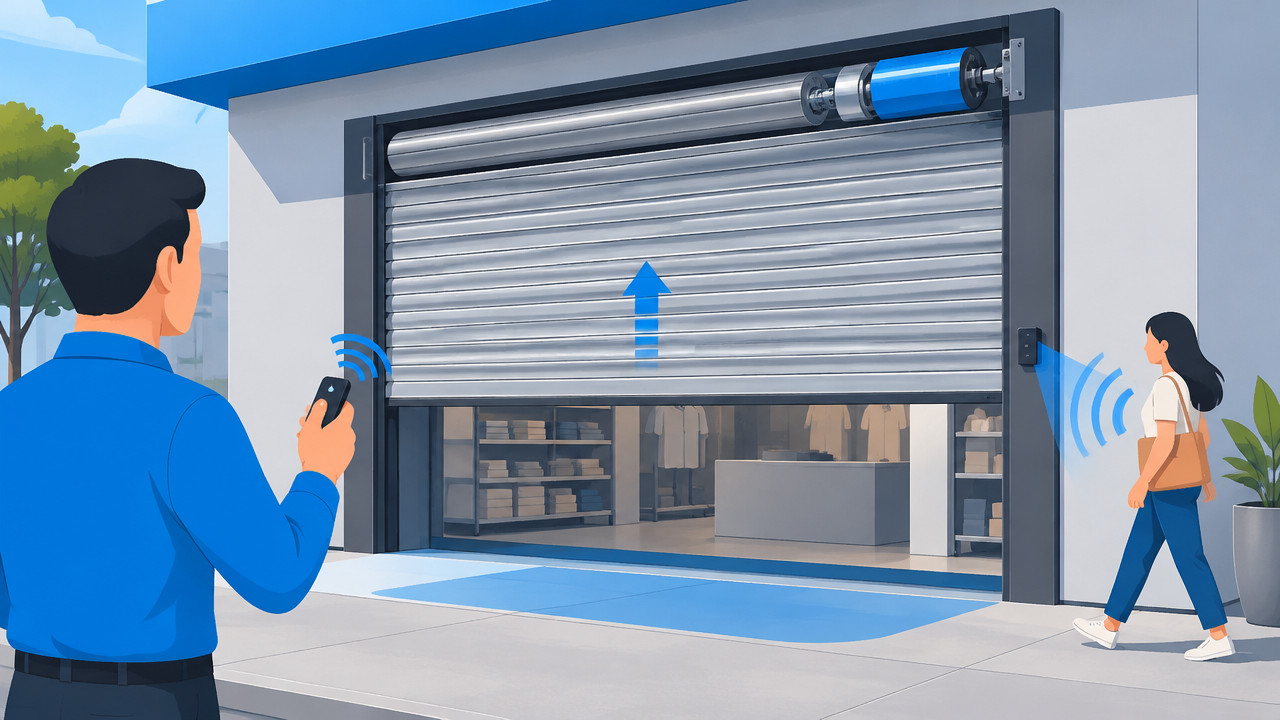Porta de aço automatizada com motor, controle remoto e sensor de presença