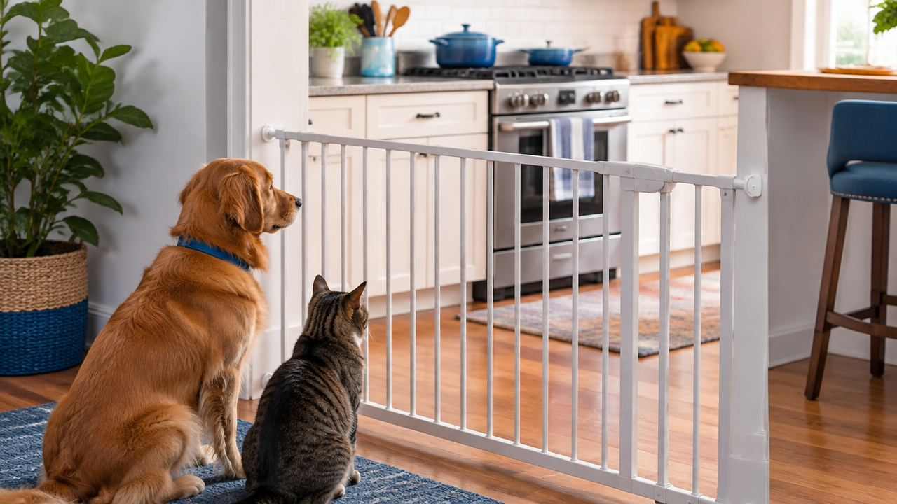 Portão de segurança mantém cães e gatos afastados do fogão e das panelas na cozinha.