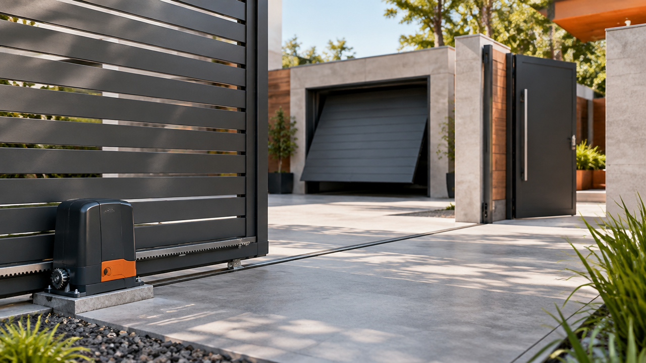 Portão deslizante automatizado e mecanismos de abertura residencial em diferentes configurações