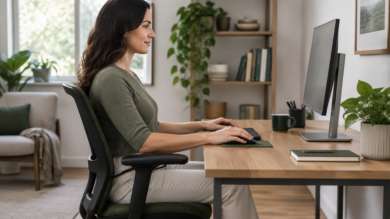 Postura de trabalho ao computador com cotovelos próximos ao corpo e punhos alinhados