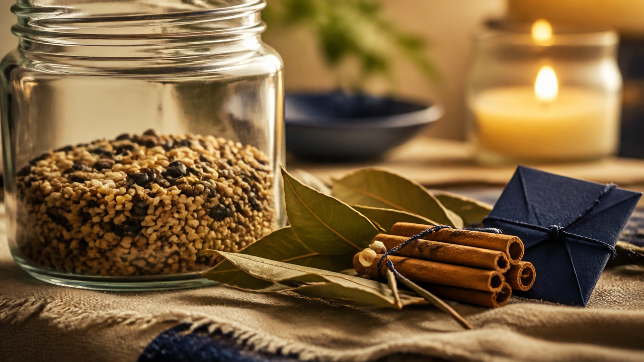 Pote de vidro com sementes, folhas de louro e canela usado em um ritual de prosperidade