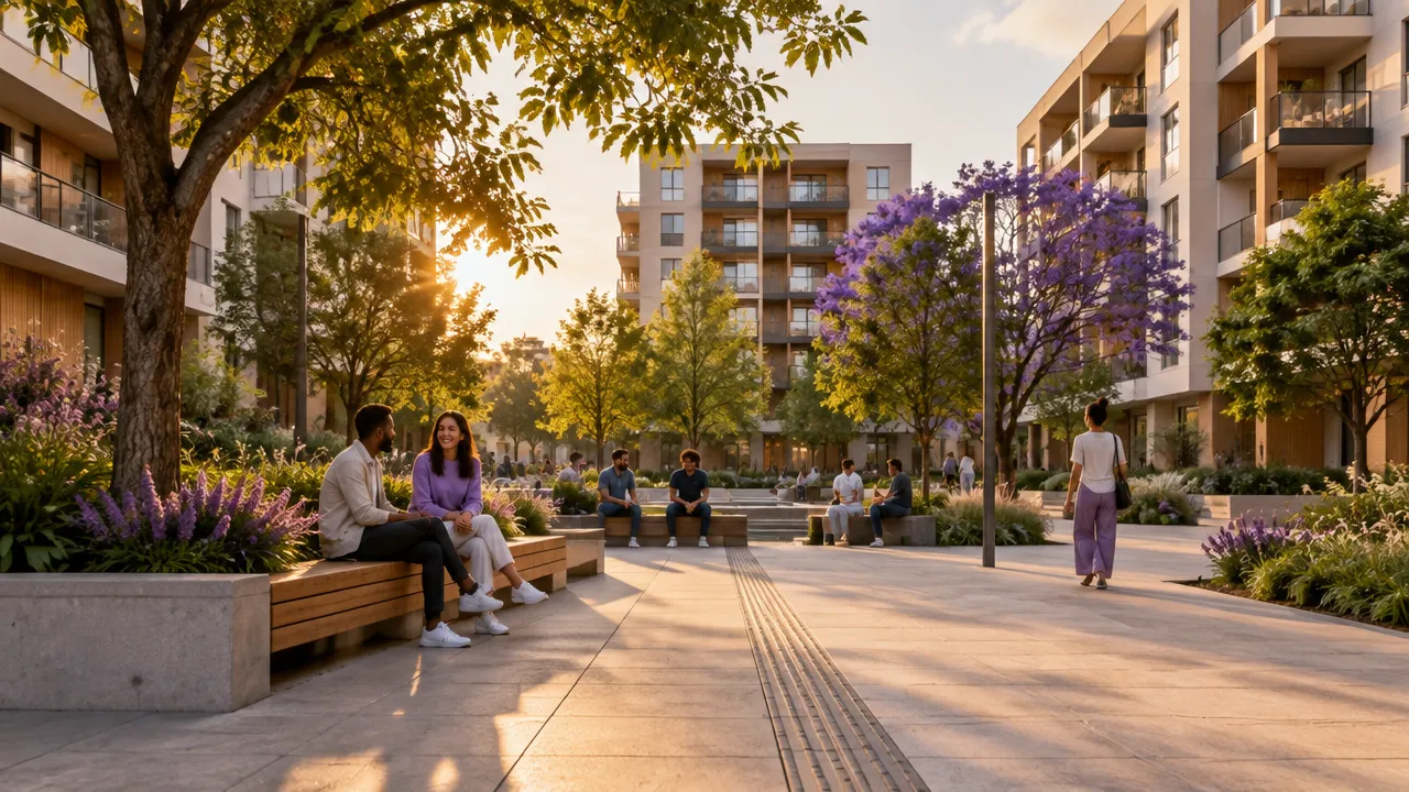 Praça urbana arborizada entre edifícios, com bancos e pessoas caminhando e conversando em um ambiente acolhedor