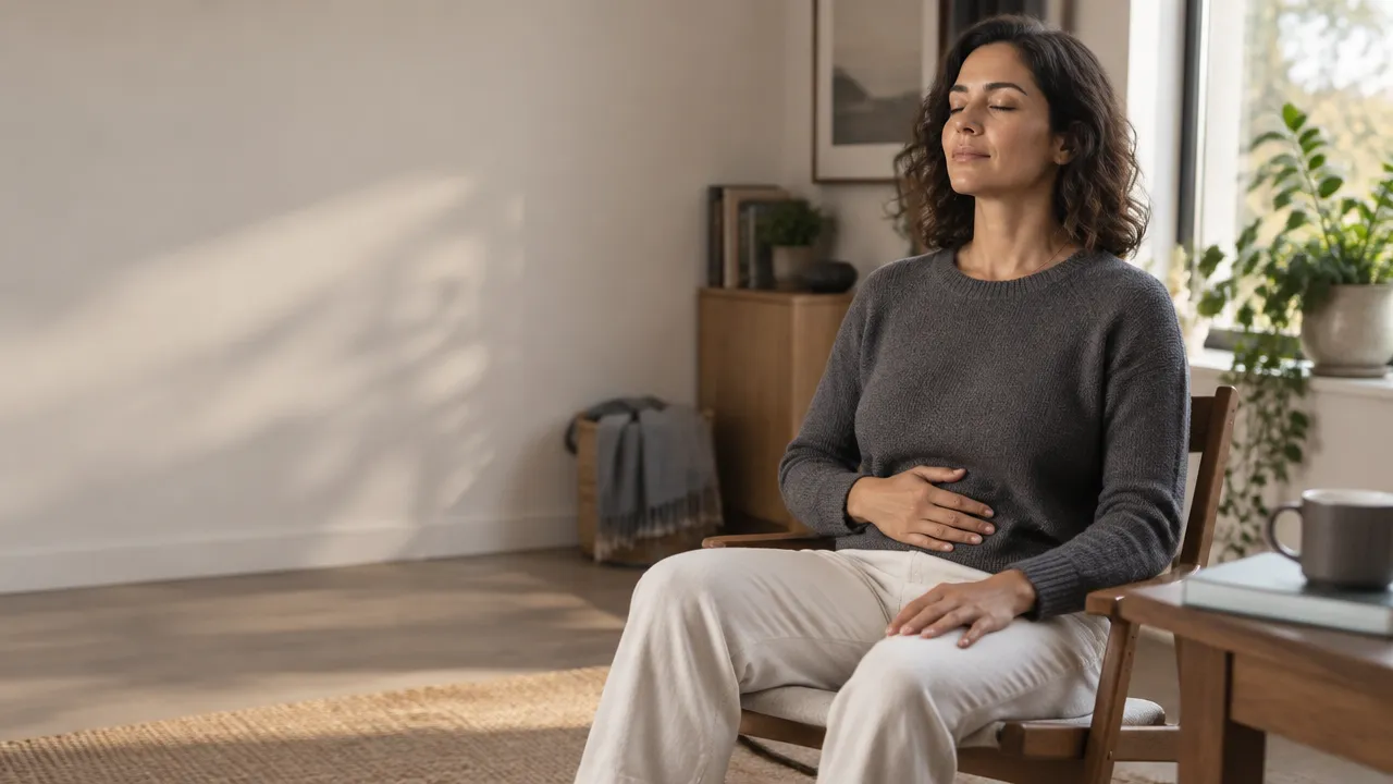 Praticante experiente ajusta a meditação com presença e equilíbrio junto a uma janela