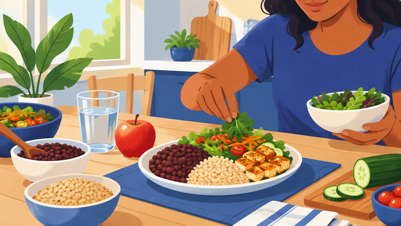 Prato com vegetais, grãos integrais e proteína para uma refeição satisfatória