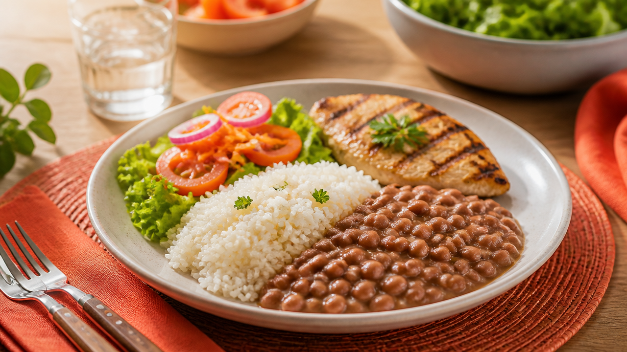 Prato equilibrado com arroz, feijão, salada e proteína grelhada