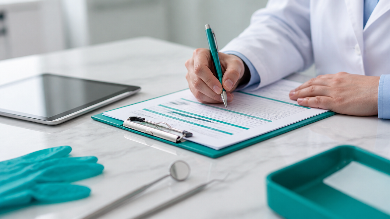 Preenchimento de ficha clínica e histórico do paciente em consultório odontológico