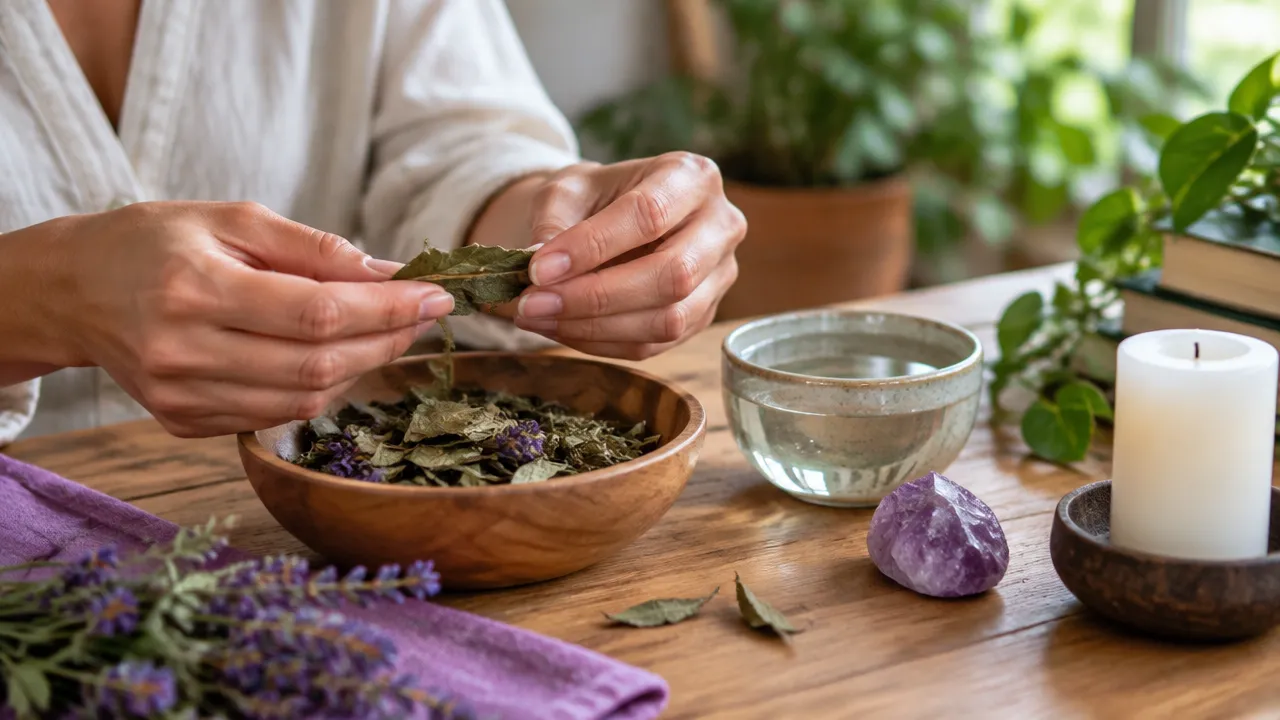 Preparação cuidadosa de uma prática simbólica com folhas, água, pedra e vela apagada