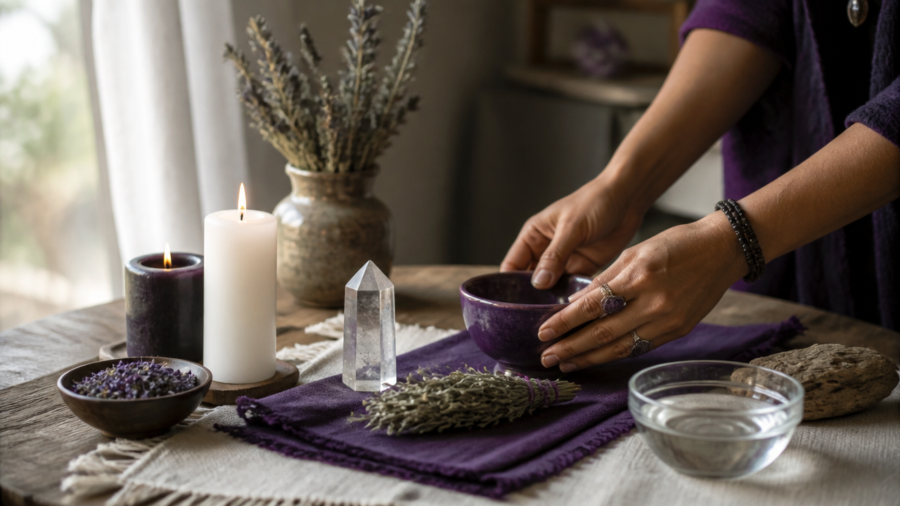 Preparação de altar simples com velas, água, ervas e cristal em disposição equilibrada.