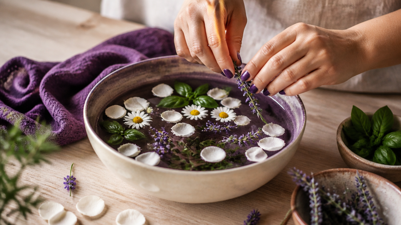 Preparação de banho espiritual com camomila, lavanda, manjericão e pétalas brancas