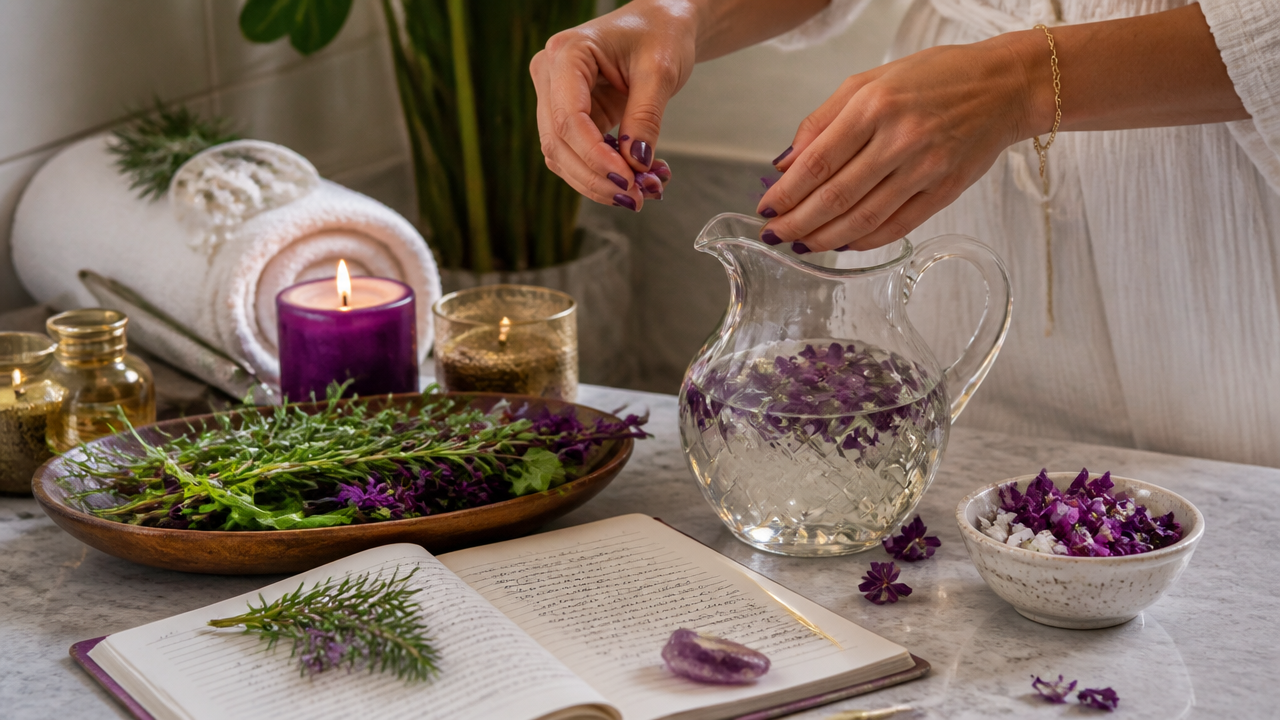 Preparação de banho espiritual com ervas, água e anotações de intenção em ambiente acolhedor.