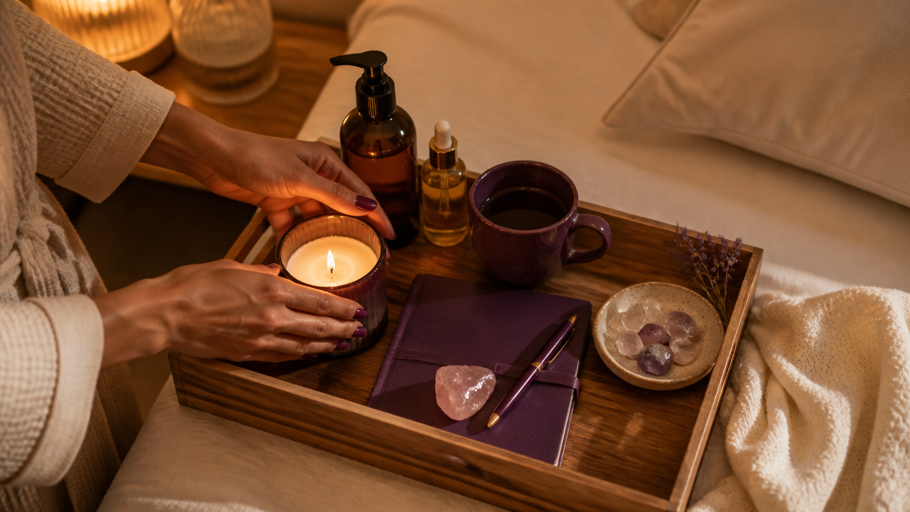 Preparação de um canto de autocuidado noturno com vela, caderno e chá